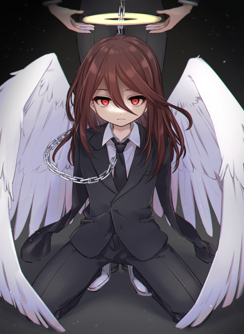 1boy 1girl amputee androgynous angel angel_devil_(chainsaw_man) angel_wings black_jacket black_necktie black_pants black_suit buttons chain chainsaw_man closed_mouth collared_shirt double_amputee feathered_wings frown full_body glowing glowing_eyes hair_between_eyes halo head_out_of_frame highres jacket knees_apart_feet_together large_wings leftporygon long_hair long_sleeves makima_(chainsaw_man) necktie pants red_eyes redhead shirt solo_focus squatting standing straight-on suit suit_jacket white_footwear white_shirt white_wings wings yellow_halo