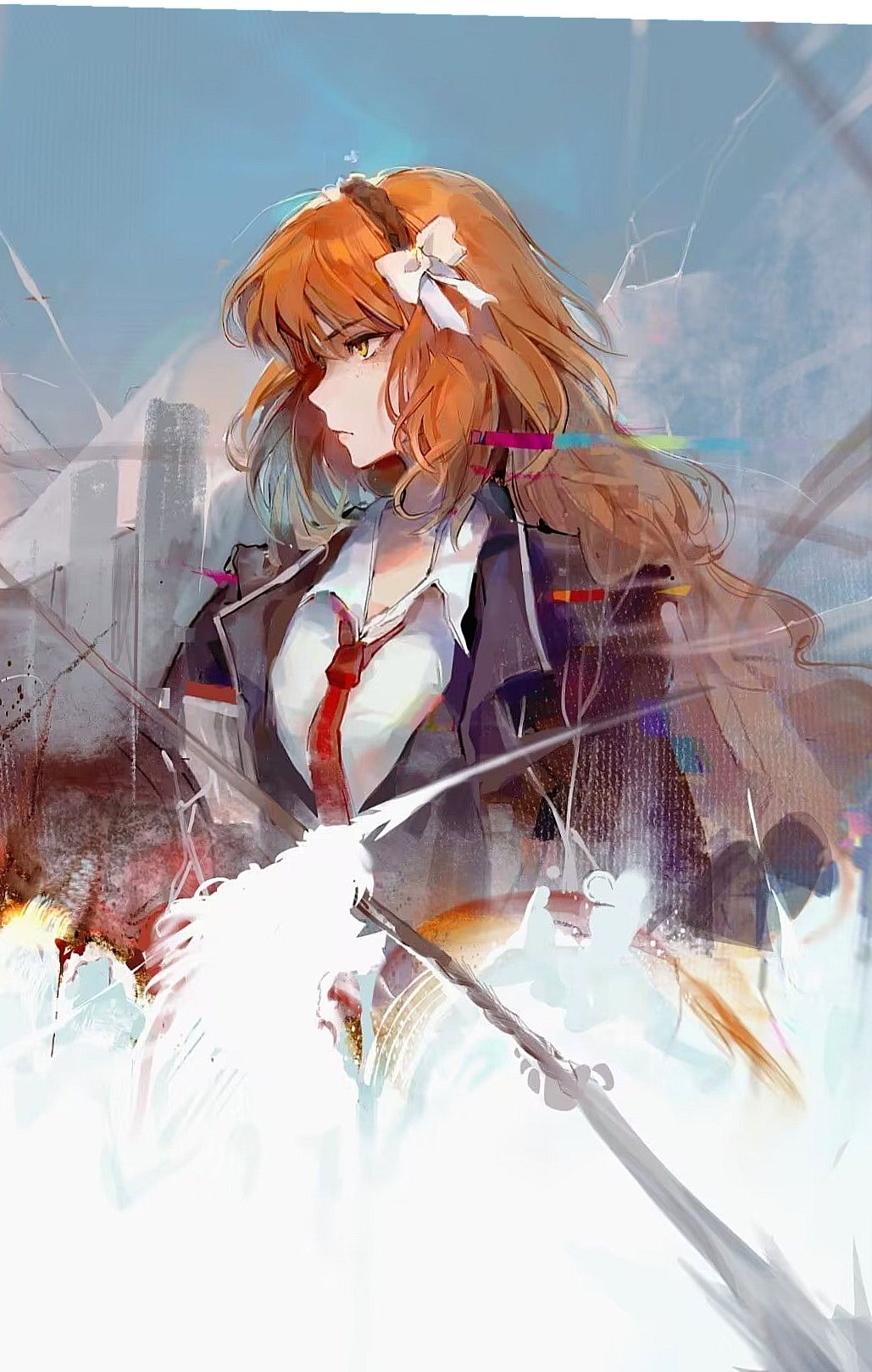 1girl black_coat black_vest bow_hairband brown_hairband closed_mouth coat hairband harpoon highres ishmael_(project_moon) limbus_company long_hair long_sleeves looking_to_the_side orange_hair project_moon rope sidelocks solo taoer. upper_body very_long_hair vest wing_collar