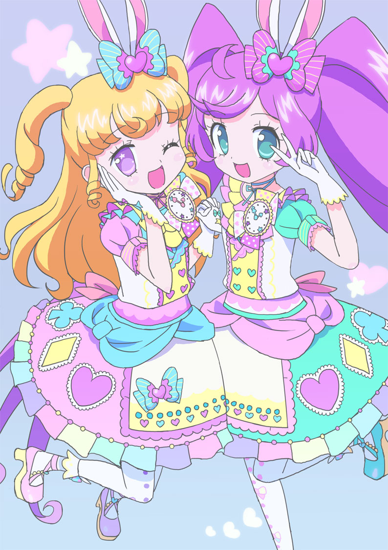 2girls :d ;d ahoge animal_ears blonde_hair blue_background blue_bow blue_eyes bow commentary_request dress fake_animal_ears full_body gloves hair_bow hand_on_own_cheek hand_on_own_face hands_up holding_hands idol_clothes idol_time_pripara jumping ku_(residual666) long_hair looking_at_viewer manaka_laala multiple_girls one_eye_closed open_mouth pink_bow pink_dress pink_footwear pretty_series print_dress pripara puffy_short_sleeves puffy_sleeves purple_hair rabbit_ears ringlets shoes short_sleeves smile standing standing_on_one_leg star_(symbol) twintails two_side_up very_long_hair violet_eyes white_gloves yumekawa_yui