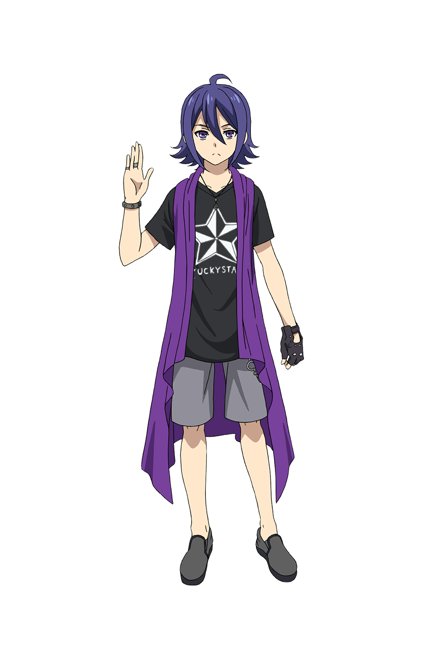 1boy ahoge black_gloves black_shirt closed_mouth fingerless_gloves full_body gloves grey_footwear grey_shorts hair_between_eyes hand_up highres jewelry king_of_prism king_of_prism:_shiny_seven_stars looking_at_viewer male_focus necklace official_art pretty_rhythm pretty_series purple_hair purple_scarf ring scarf second-party_source shirt shoes short_hair short_sleeves shorts simple_background single_glove solo standing suzuno_yuu t-shirt tachi-e transparent_background violet_eyes