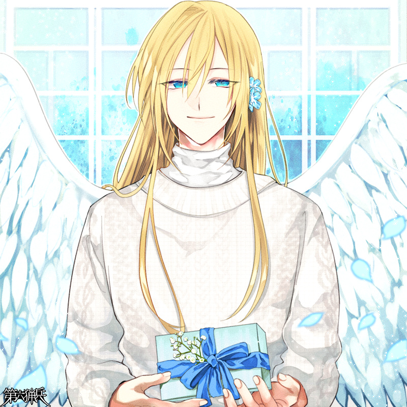 1boy angel_wings aran_sweater baby's-breath blonde_hair blue_background blue_bow blue_eyes blue_flower bow box cable_knit closed_mouth dairoku_ryouhei falling_petals flower gift gift_box hair_between_eyes hair_flower hair_ornament holding holding_gift long_hair long_sleeves looking_at_viewer male_focus muntins petals restia_vayu sawamuri sidelocks smile solo straight-on sweater turtleneck upper_body white_flower white_sweater white_wings window wings