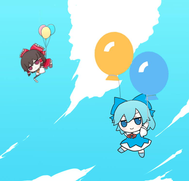 2girls balloon blue_bow blue_dress blue_hair blue_sky bow chibi cirno clouds dress facing_viewer fairy flying frilled_bow frilled_hair_tubes frills fumo_(doll) gohei hair_bow hair_tubes hakurei_reimu light_blush looking_at_viewer multiple_girls nontraditional_miko red_bow rei_(tonbo0430) ribbon_trim skirt skirt_set sky smile tagme touhou
