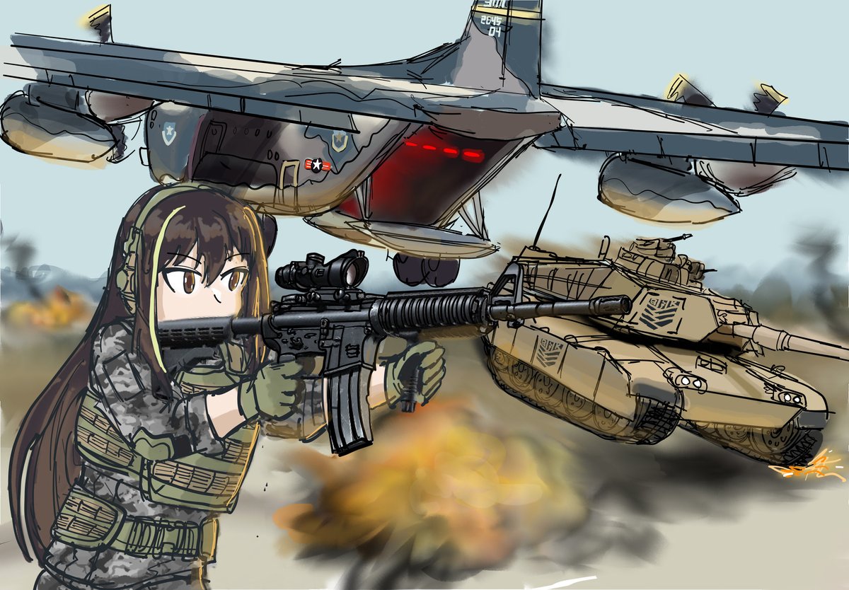 1girl aircraft alternate_costume assault_rifle blurry blurry_background brown_hair caterpillar_tracks day explosion girls_frontline gloves green_gloves gun holding holding_gun holding_weapon load_bearing_vest long_hair m1_abrams m4_carbine m4a1_(girls'_frontline) machine_gun military military_uniform military_vehicle motor_vehicle multicolored_hair outdoors puffypau26 rifle scope sky solo streaked_hair tank transport_plane uniform weapon