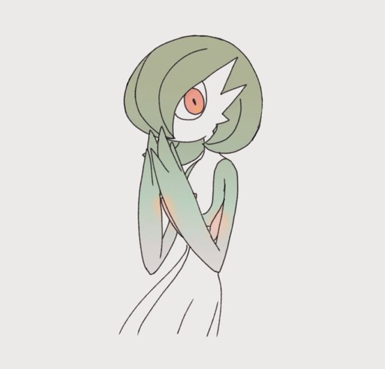 1girl ame_(metorui) bob_cut colored_skin commentary flat_chest gardevoir green_hair green_skin grey_background hair_over_one_eye hands_up looking_at_viewer multicolored_skin no_mouth one_eye_covered own_hands_together pokemon pokemon_(creature) red_eyes short_hair simple_background solo standing two-tone_skin upper_body white_skin