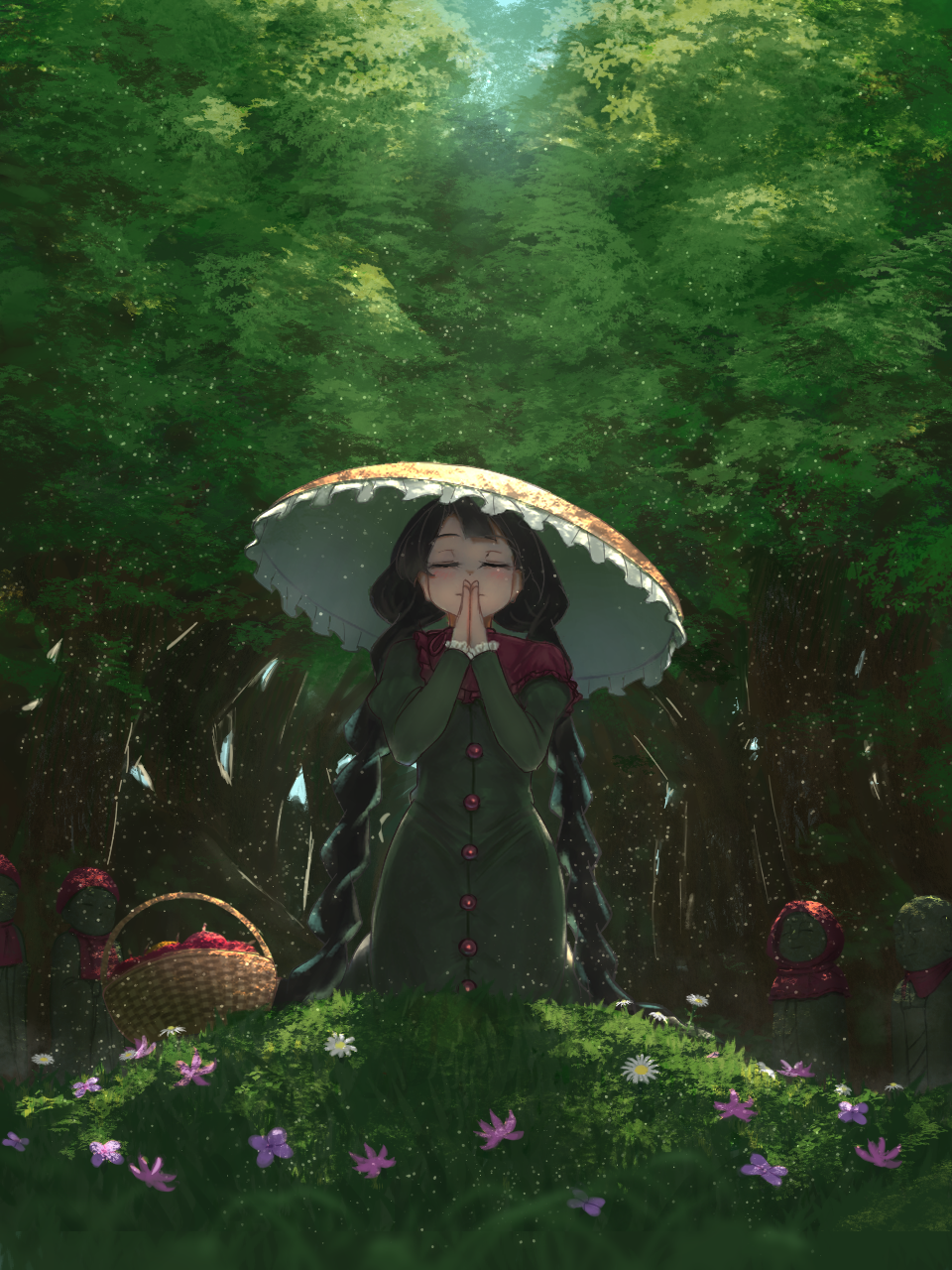 1girl ajirogasa basket black_hair braid buttons capelet closed_eyes closed_mouth cowboy_shot dress flower forest grass green_dress hat highres jizou juliet_sleeves long_hair long_sleeves luke_(kyeftss) medium_bangs nature outdoors own_hands_together pink_flower praying puffy_sleeves red_capelet revision smile solo touhou tree twin_braids twintails very_long_hair yatadera_narumi