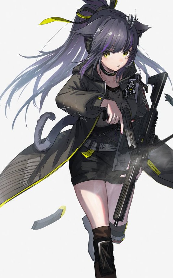 1girl animal_ears arknights black_coat black_hair black_pants black_shirt black_tail boots cat_ears cat_girl cat_tail coat collarbone grab_pigeon gun handgun holding holding_gun holding_weapon long_hair magazine_(weapon) microphone open_clothes open_coat pants ponytail rifle shirt shorts tail thigh-highs thighhighs_under_boots weapon yellow_eyes