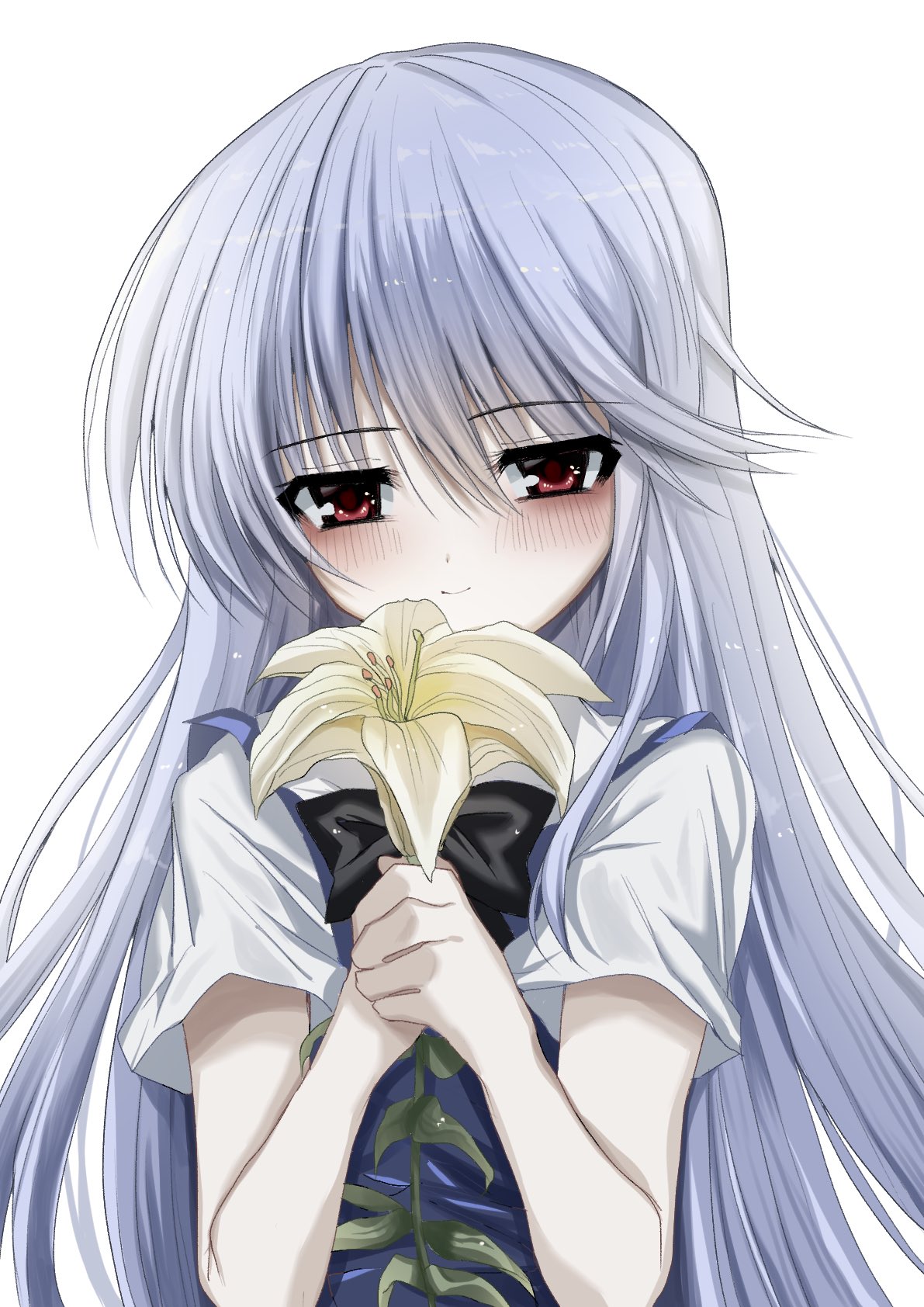 1girl 2024 black_bow blue_hair blue_vest blush bow closed_mouth commentary_request dated_commentary eyes_visible_through_hair flower grisaia_(series) grisaia_no_kajitsu hair_between_eyes hands_up happy highres holding holding_flower kazami_kazuki light_blue_hair long_hair looking_at_viewer own_hands_together red_eyes school_uniform shirt sidelocks simple_background smile solo straight_hair unkogakatasugi upper_body very_long_hair vest white_background white_shirt yellow_flower