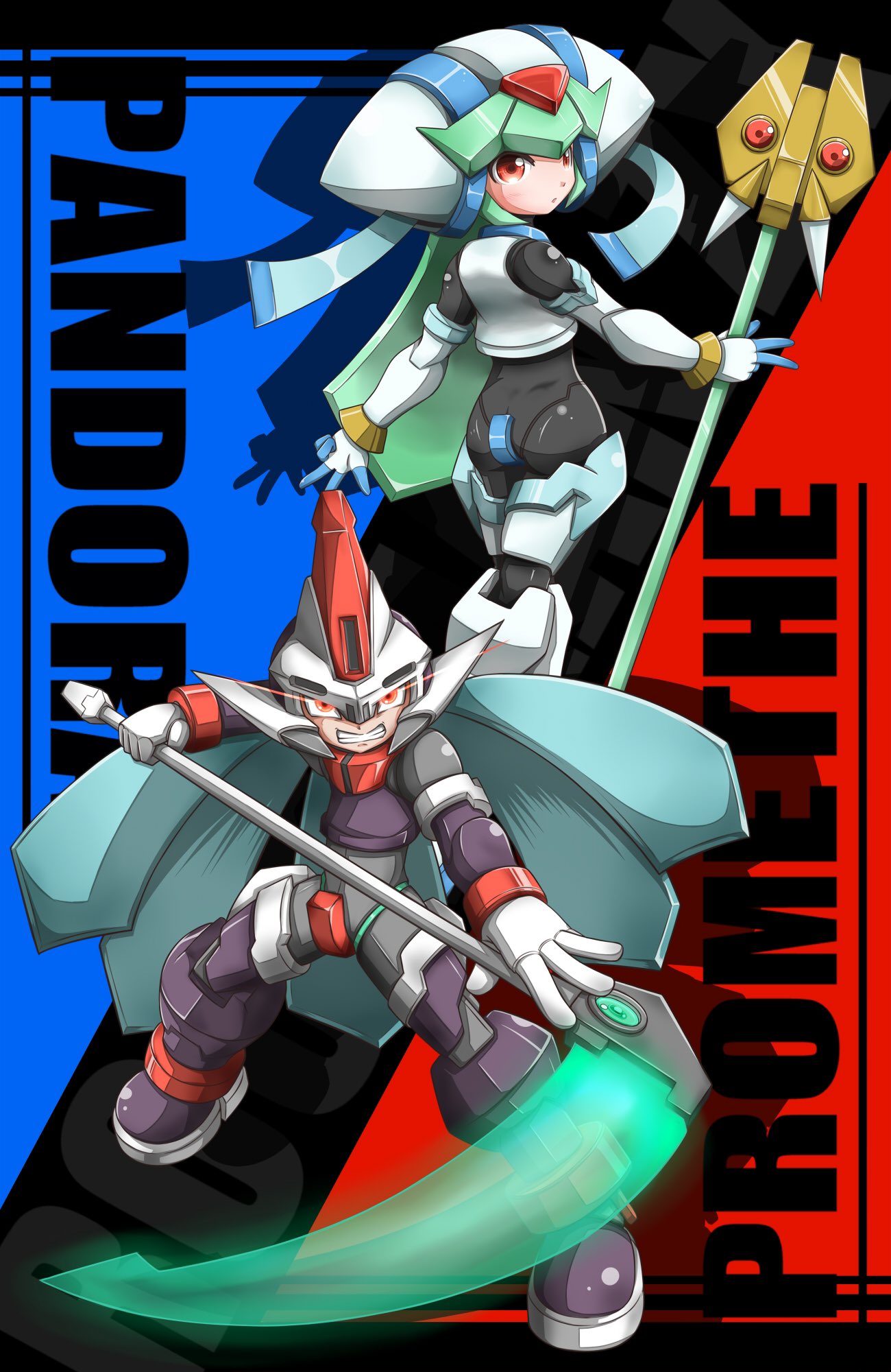 1boy 1girl armor black_bodysuit blue_hair bodysuit character_name clenched_teeth commentary_request copyright_name crop_top crotch_plate energy_blade fins from_behind glowing glowing_eyes green_hair head_fins highres holding holding_scythe holding_staff long_hair looking_at_viewer mega_man_(series) mega_man_zx model_w_(mega_man) pandora_(mega_man) power_armor prometheus_(mega_man) purple_armor red_eyes red_helmet scythe skull-shaped_hat staff takaramono teeth white_armor white_helmet