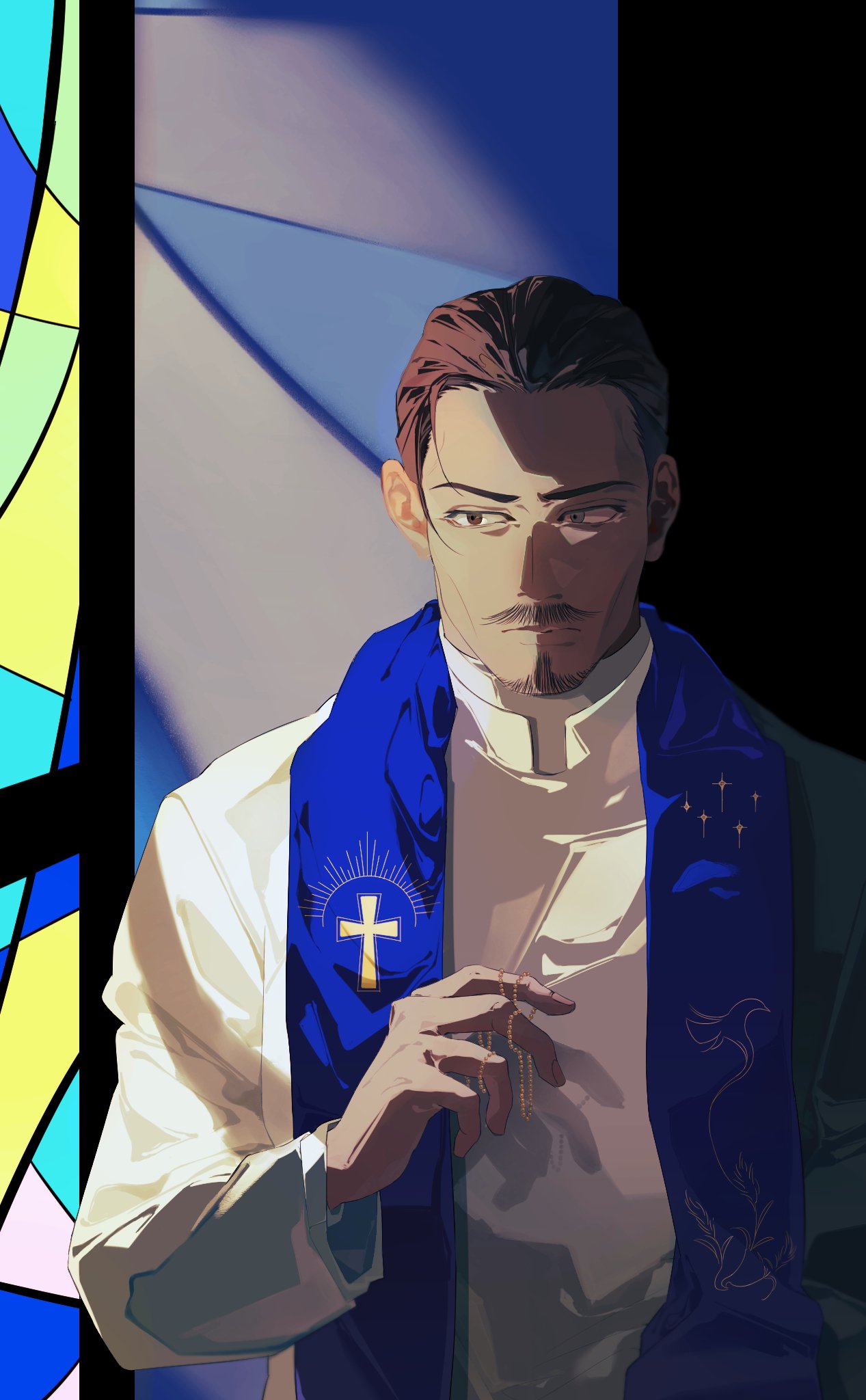 1boy black_hair ddamma_7 facial_hair golden_kamuy heterochromia highres indoors mustache priest robe rosary short_hair solo stained_glass standing stole tsurumi_tokushirou upper_body white_robe