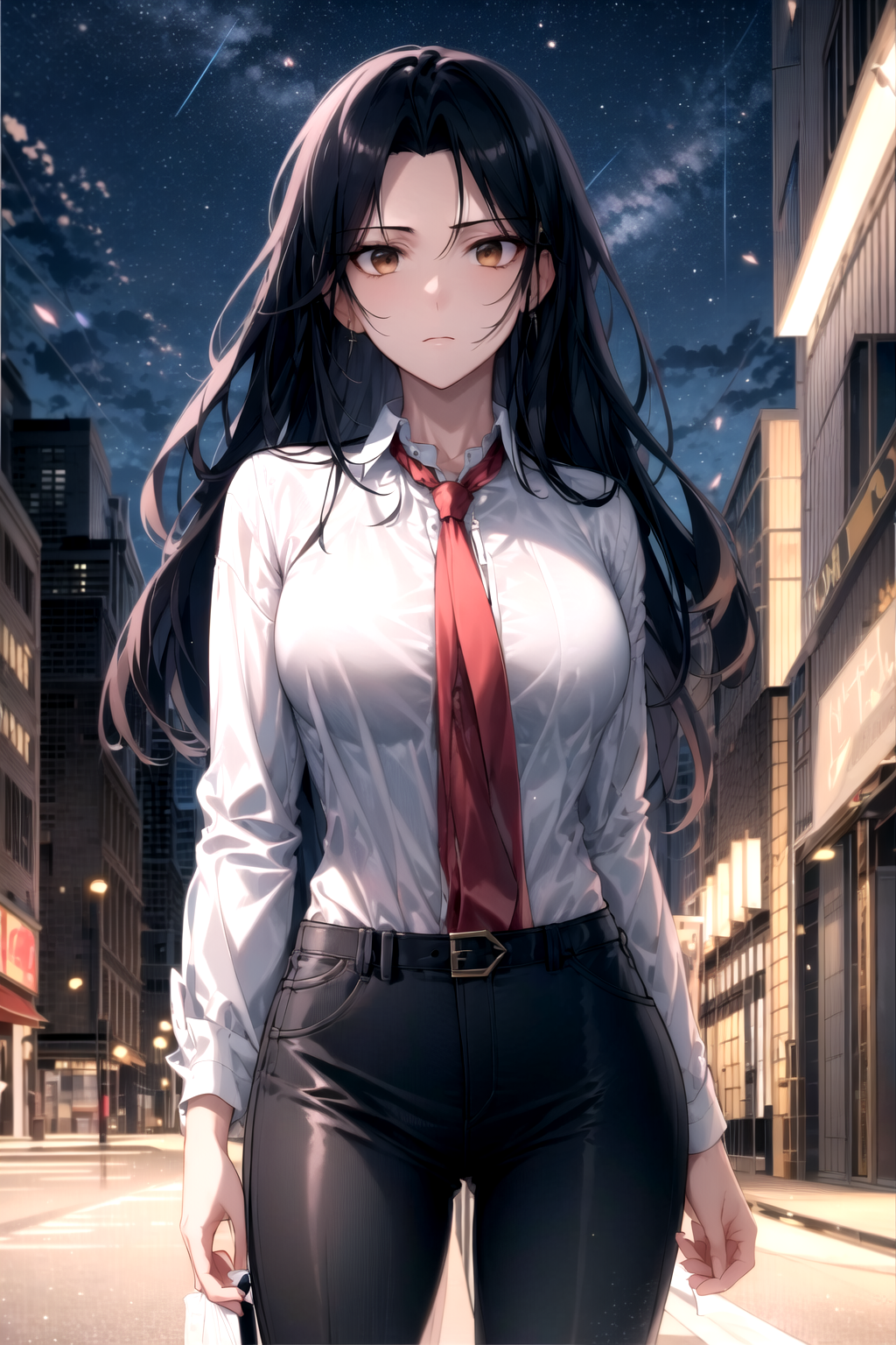 1girl ai-generated artcross black_hair black_pants brown_eyes closed_mouth cowboy_shot highres jung_heewon long_hair looking_at_viewer necktie night night_sky omniscient_reader's_viewpoint pants red_necktie shirt sky solo solo_focus star_(sky) starry_sky white_shirt