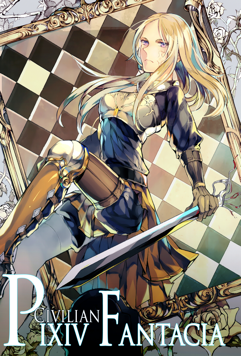 1girl blonde_hair boots character_name character_request check_character civilian_(pffk) copyright_name flowerbirdmkt_(earmuffs) gloves holding holding_sword holding_weapon knee_pads pixiv_fantasia pixiv_fantasia_fallen_kings scar solo sword violet_eyes weapon