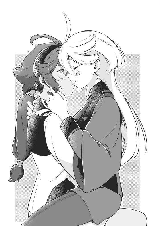 2girls ahoge asticassia_school_uniform blush closed_eyes commentary commission english_commentary greyscale gundam gundam_suisei_no_majo hairband hand_in_another's_hair kiss long_hair long_sleeves looking_at_another miorine_rembran monochrome multiple_girls pantyhose parted_lips ponytail school_uniform second-party_source shorts sitting sitting_on_lap sitting_on_person suletta_mercury tonton_(mathcaca24) yuri
