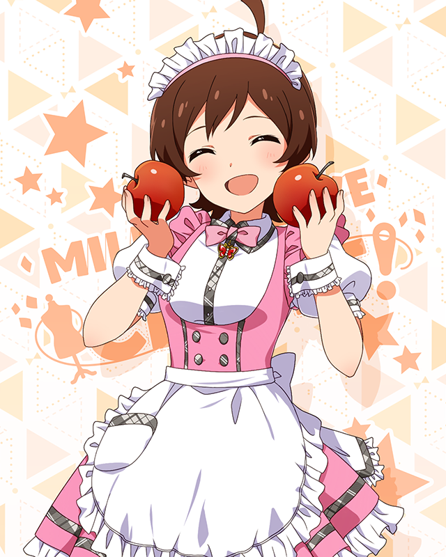 1girl :d ahoge apple apron blush bow bowtie brown_hair butterfly_ornament closed_eyes cowboy_shot dot_nose dress flipped_hair food frilled_apron frilled_skirt frills fruit hair_between_eyes hands_up holding holding_food holding_fruit idolmaster idolmaster_million_live! idolmaster_million_live!_theater_days kinoshita_hinata maid_headdress official_alternate_costume official_art open_mouth pink_bow pink_bowtie pink_dress pretty_waitress_(idolmaster) puffy_short_sleeves puffy_sleeves red_apple shirt short_hair short_sleeves sidelocks skirt smile solo standing starry_background straight-on thigh-highs upper_body waist_apron waitress white_apron white_shirt white_thighhighs wrist_cuffs