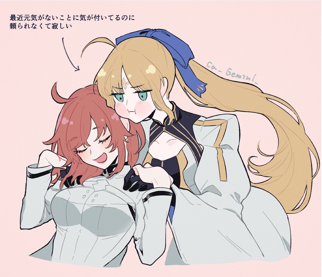 2girls :i ahoge arrow_(symbol) artist_name artoria_caster_(fate) artoria_caster_(third_ascension)_(fate) artoria_pendragon_(fate) behind_another black_gloves blue_ribbon blush ca_(ca_gemini) chaldea_logo closed_eyes commentary cropped_torso dress facial_mark fate/grand_order fate_(series) forehead_mark fujimaru_ritsuka_(female) fujimaru_ritsuka_(female)_(decisive_battle_chaldea_uniform) gloves green_eyes hair_ribbon hands_on_another's_shoulders head_on_head head_rest leaning_forward long_hair long_sleeves medium_hair multiple_girls open_mouth orange_hair pink_background ponytail pout puffy_cheeks ribbon simple_background smile translation_request twitter_username u_u very_long_hair white_dress wide_sleeves