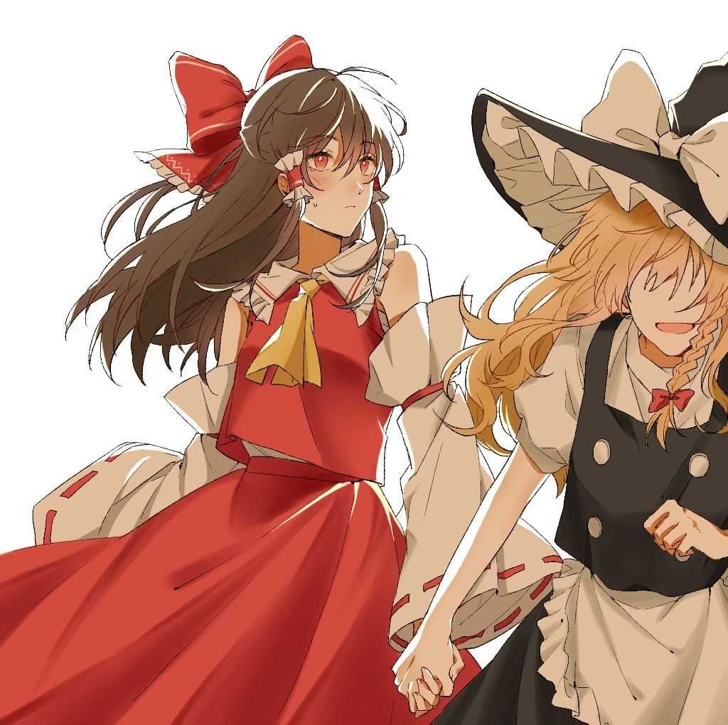 2girls apron ascot black_vest blonde_hair blush bow braid brown_hair closed_mouth commentary_request detached_sleeves frilled_bow frilled_hair_tubes frills hair_bow hair_tubes hakurei_reimu hat hat_bow hitte5416 holding_hands kirisame_marisa long_hair multiple_girls no_eyes open_mouth red_bow red_eyes red_skirt ribbon-trimmed_sleeves ribbon_trim short_sleeves side_braid single_braid skirt skirt_set smile sweatdrop touhou vest waist_apron white_apron white_bow witch_hat yellow_ascot