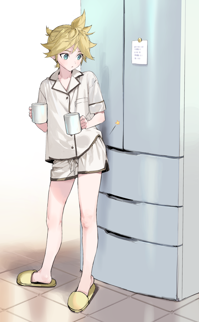 1boy blonde_hair blue_eyes collared_shirt cup dolphin_shorts full_body highres holding holding_cup kagamine_len legs looking_down male_focus naoko_(naonocoto) pajamas refrigerator shirt short_hair short_ponytail shorts slippers solo tile_floor tiles vocaloid white_pajamas white_shirt yellow_footwear