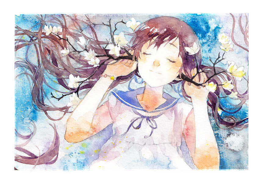 1girl bare_arms blue_background blue_sailor_collar border bracelet branch brown_hair closed_eyes closed_mouth commentary_request dress flower jewelry long_hair lying moekon original painting_(medium) sailor_collar school_uniform shirt smile solo traditional_media twintails upper_body watercolor_(medium) white_border white_flower white_shirt
