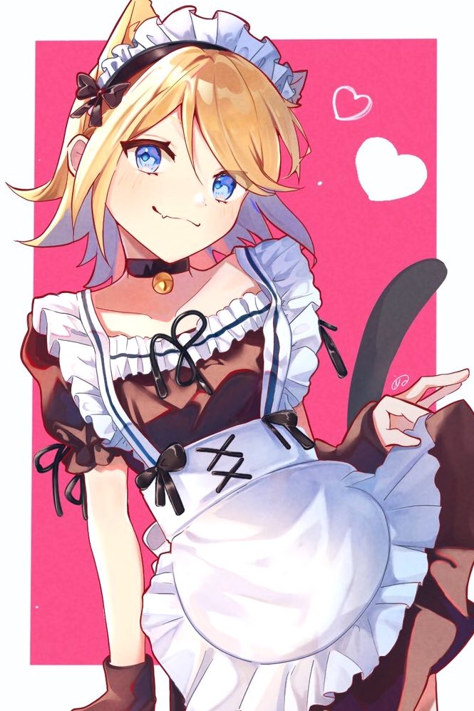 1girl alternate_costume animal_ears apron bell black_choker blonde_hair blue_eyes cat_ears cat_tail choker closed_mouth collarbone cowboy_shot fang frills head_tilt inuyama_(1109) kagamine_rin kemonomimi_mode leaning_to_the_side looking_at_viewer maid maid_headdress medium_hair neck_bell pink_background simple_background skin_fang smile solo square_neckline swept_bangs tail vocaloid