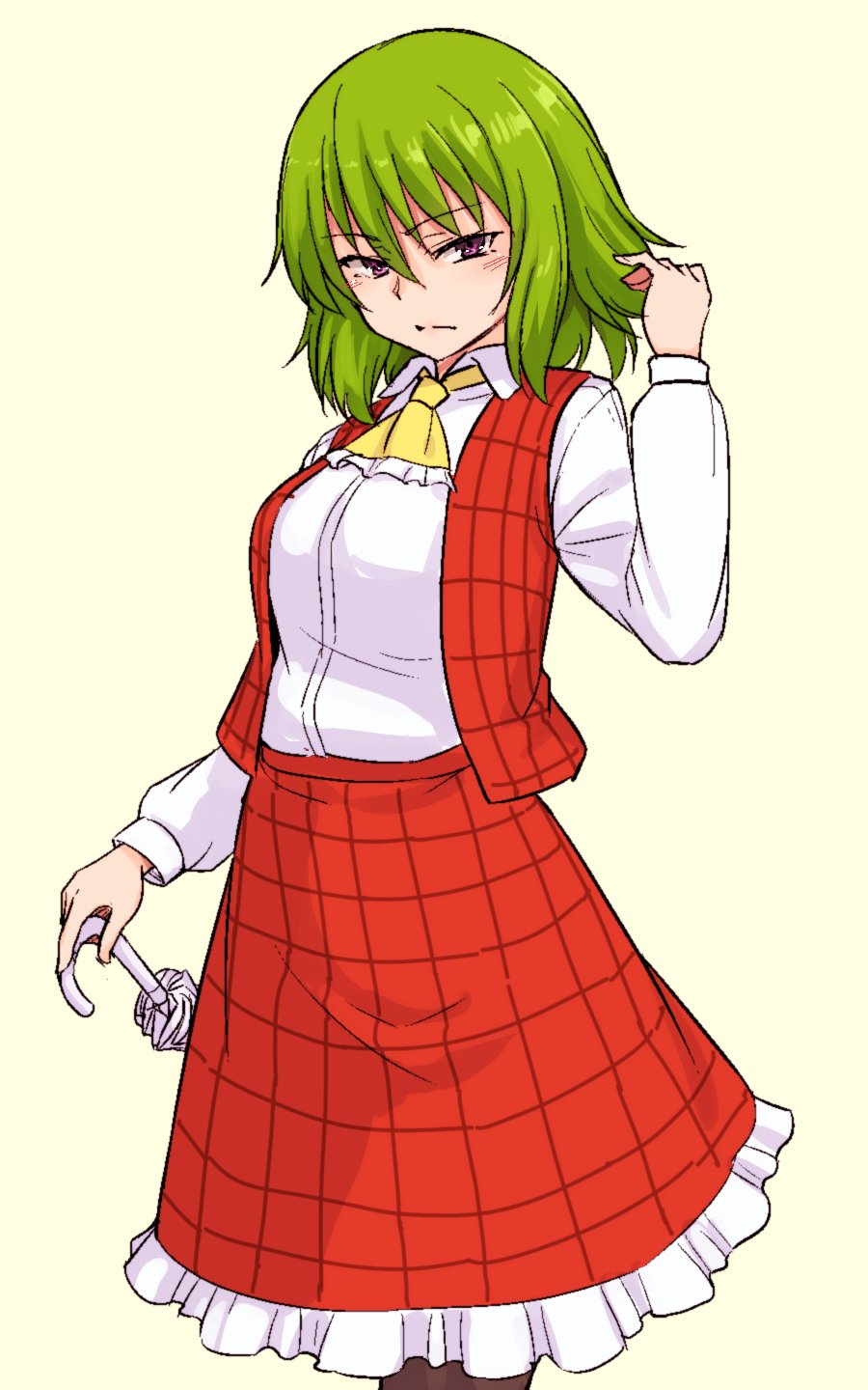 1girl ascot closed_mouth commentary frilled_ascot frilled_skirt frills green_hair highres kakone kazami_yuuka long_sleeves looking_at_viewer one-hour_drawing_challenge open_mouth plaid plaid_skirt plaid_vest red_skirt red_vest shirt short_hair simple_background skirt solo touhou umbrella vest white_shirt yellow_ascot yellow_background