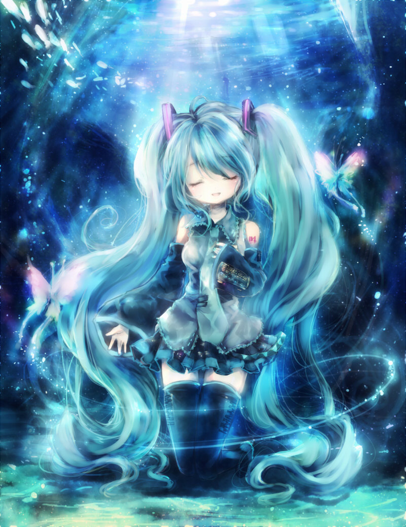 1girl :d aqua_hair aqua_necktie bare_shoulders black_skirt black_thighhighs boots breasts bug butterfly closed_eyes collared_shirt detached_sleeves fish frilled_shirt_collar frilled_skirt frills green_necktie grey_shirt hand_on_own_chest hatsune_miku headphones kneeling light_particles long_hair medium_breasts music necktie onineko open_mouth outstretched_arm pleated_skirt shirt singing skirt smile solo submerged swept_bangs tattoo thigh-highs thigh_boots twintails underwater very_long_hair vocaloid wide_sleeves zettai_ryouiki