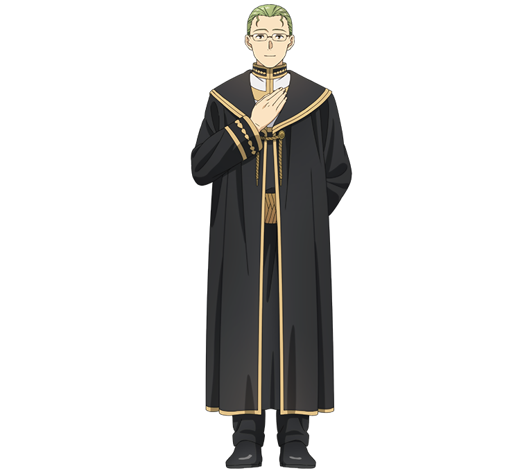 1boy arm_behind_head black_footwear black_pants black_robe full_body glasses green_hair hand_on_own_chest hand_up heiter long_sleeves male_focus official_art pants robe smile solo sousou_no_frieren transparent_background