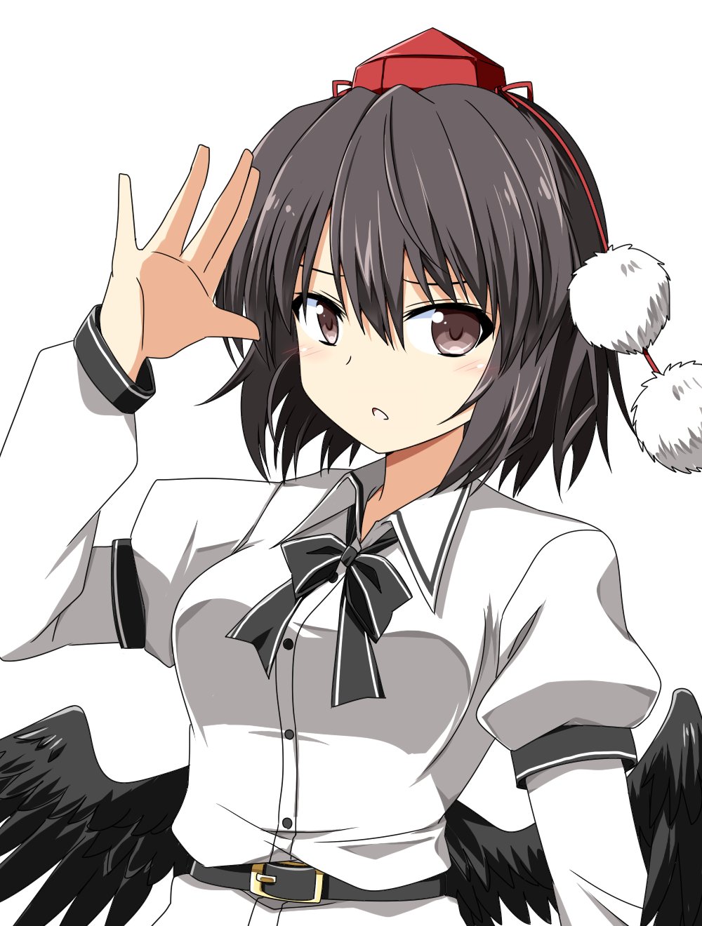 1girl :o belt bird_wings black_belt black_hair black_ribbon black_wings breasts brown_eyes collared_shirt commentary_request feathered_wings hat highres juliet_sleeves long_sleeves medium_breasts neck_ribbon pom_pom_(clothes) puffy_sleeves redhead ribbon rise_(rise19851203) shameimaru_aya shirt simple_background solo tokin_hat touhou white_shirt wings