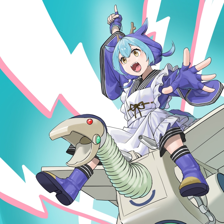 1girl appliancer_laundry_dragon apron blue_footwear blue_gloves blue_hair boots commentary dragon_ears dragon_girl dragon_horns duel_monster fingerless_gloves frilled_apron frills gloves horns laundry_dragonmaid light_blue_hair lightning_background looking_ahead lu_6_mie maid maid_apron mecha non-humanoid_robot open_mouth pointing pointing_up riding robot robot_dragon solo wa_maid white_apron wide_sleeves yellow_eyes yu-gi-oh!
