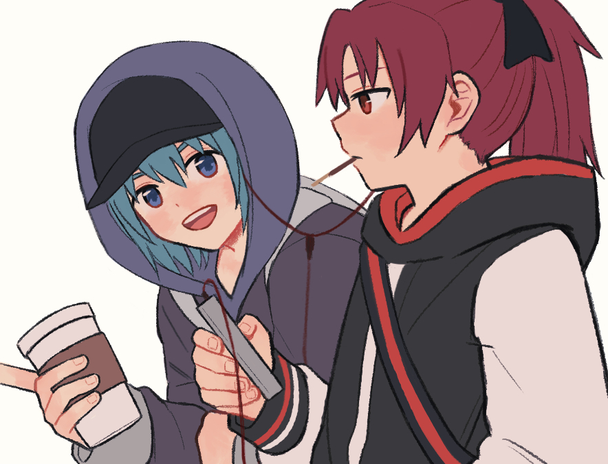 2girls baseball_cap black_hat black_hoodie blue_eyes blue_hair coffee_cup commentary_request cup disposable_cup earphones food food_in_mouth grey_hoodie hat holding holding_cup holding_phone hood hood_up hoodie long_hair mahou_shoujo_madoka_magica mahou_shoujo_madoka_magica_(anime) miki_sayaka multiple_girls nisroch111 open_mouth phone pocky pocky_in_mouth ponytail red_eyes redhead sakura_kyoko shared_earphones short_hair shoulder_strap simple_background smile upper_body white_background