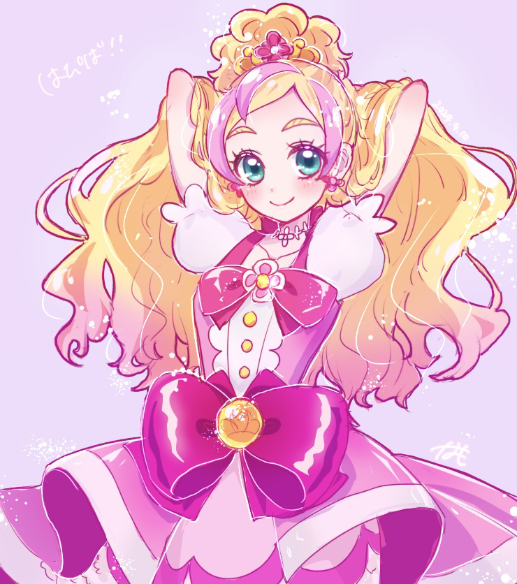 1girl arms_behind_head blonde_hair bow closed_mouth collarbone cure_flora dot_nose earrings flower flower_brooch flower_earrings flower_necklace go!_princess_precure green_eyes hair_ornament happy_birthday haruno_haruka jewelry long_hair magical_girl multicolored_hair namo_(namo_suuun) pink_background pink_bow pink_hair pink_skirt pink_theme precure puffy_sleeves signature simple_background skirt smile solo streaked_hair thick_eyebrows two-tone_hair waist_bow waist_brooch