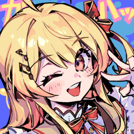 1girl :d ahoge blonde_hair blush brown_hair frills hair_ornament hololive hololive_dev_is long_hair musical_note musical_note_hair_ornament neck_ribbon one_eye_closed one_side_up otonose_kanade phantom_ix_row portrait red_ribbon ribbon smile solo teeth upper_teeth_only v