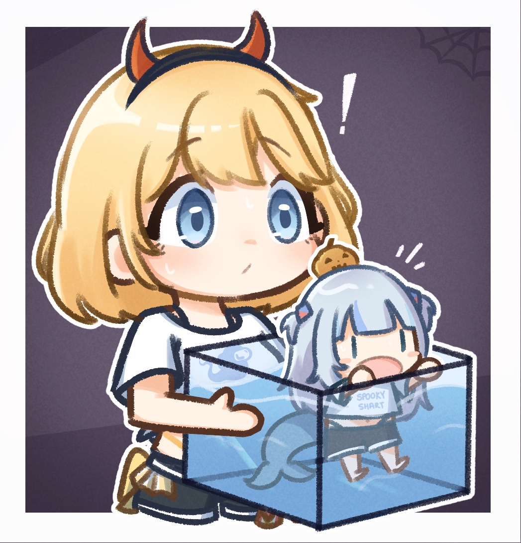! blonde_hair blue_eyes blush chibi chibi_only commentary demon_horns english_commentary fish_tank gawr_gura halloween hololive hololive_english hololive_summer_2023_swimsuit horn_hairband horns long_hair medium_hair moon_ldl multicolored_hair sweatdrop thick_outlines watson_amelia |_|