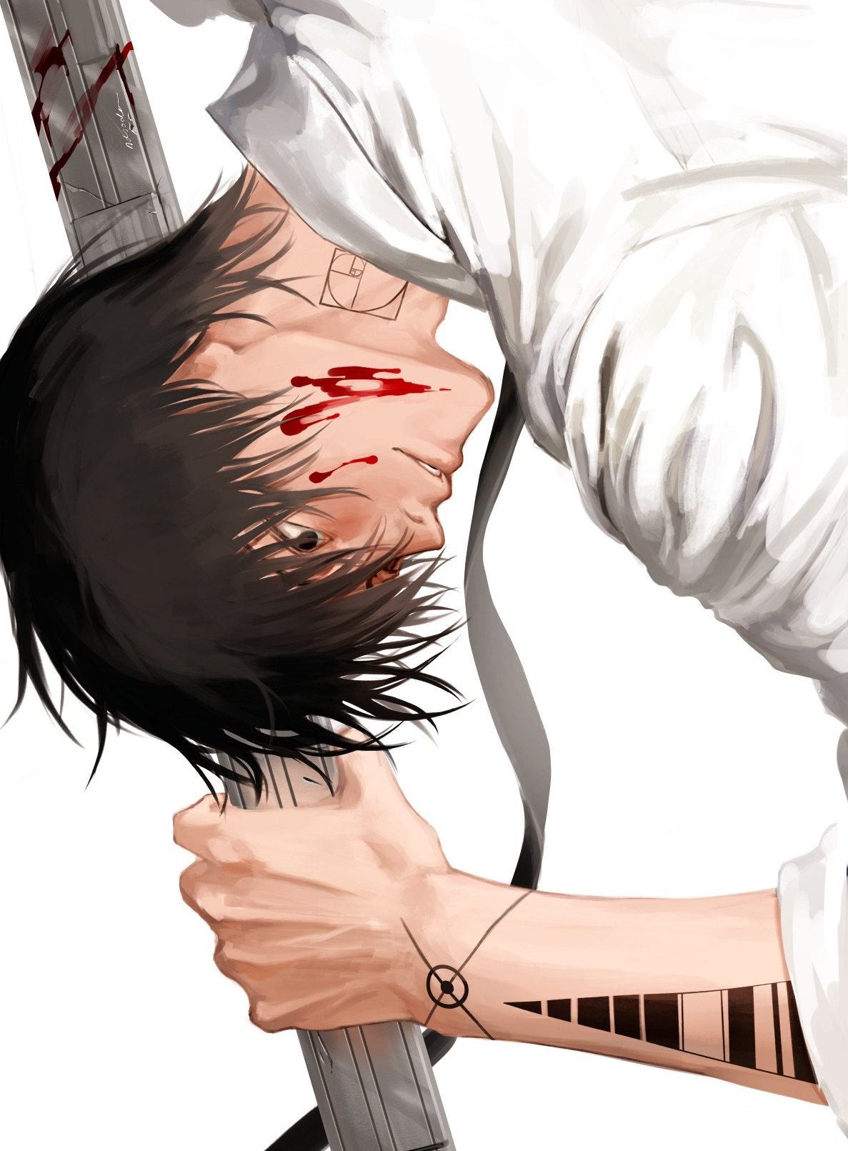 1boy arm_tattoo black_eyes black_hair black_necktie blood blood_on_cheek blood_on_face collared_shirt from_side hand_up highres holding holding_weapon light_smile looking_ahead male_focus nagumo_(sakamoto_days) ndsoda neck_tattoo necktie parted_lips portrait sakamoto_days shirt short_hair simple_background sleeves_rolled_up solo tattoo teeth upper_teeth_only weapon white_background white_shirt wrist_tattoo
