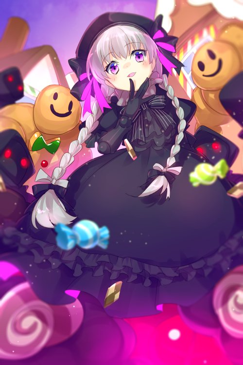 1girl beret black_dress black_hat blush braid breasts candy doll_joints dress echo_(circa) fate/grand_order fate_(series) food frills golem grey_hair hat joints lollipop long_hair looking_at_viewer nursery_rhyme_(fate) open_mouth puffy_short_sleeves puffy_sleeves short_sleeves small_breasts smile twin_braids violet_eyes