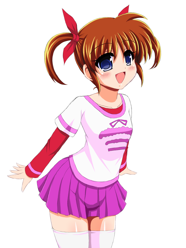 1girl brown_hair casual cowboy_shot hair_ribbon layered_sleeves long_sleeves looking_at_viewer lyrical_nanoha mahou_shoujo_lyrical_nanoha miniskirt open_mouth pleated_skirt purple_skirt red_ribbon red_shirt ribbon shirt short_hair short_over_long_sleeves short_sleeves simple_background skirt smile solo standing t-shirt takamachi_nanoha thigh-highs twintails violet_eyes white_background white_shirt white_thighhighs yaeba