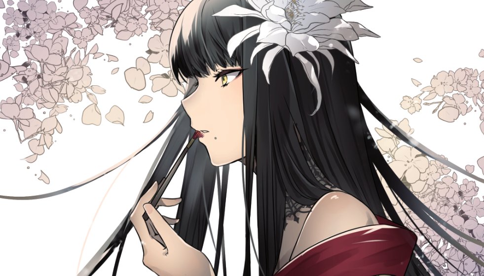 1girl applying_makeup bare_shoulders black_collar black_hair cinnabar2528 collar commentary_request expressionless falling_petals final_fantasy final_fantasy_xiv flower from_side hair_flower hair_ornament hand_up holding holding_brush hyur lace_collar long_hair looking_ahead makeup_brush mole mole_under_eye off_shoulder parted_lips petals portrait profile simple_background solo straight_hair white_background white_flower yellow_eyes yotsuyu_goe_brutus