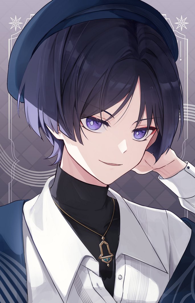 1boy beret black_hair blue_hair blue_jacket garu_roong genshin_impact hair_between_eyes hat jacket jewelry male_focus necklace open_mouth purple_hair scaramouche_(genshin_impact) shirt short_hair smile solo violet_eyes white_shirt