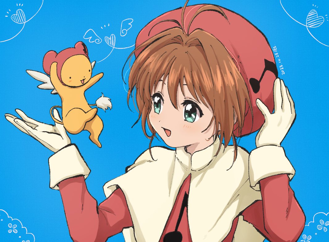 1girl aqua_eyes brown_hair cardcaptor_sakura commentary_request feng_(feng_efu) gloves green_eyes hat kero_(cardcaptor_sakura) kinomoto_sakura looking_at_another open_mouth short_hair smile upper_body