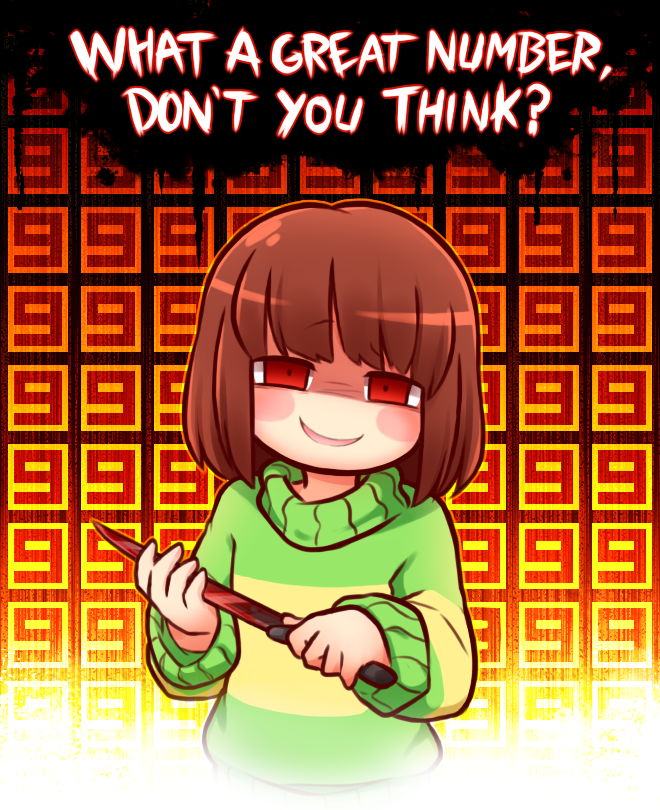 1other blood blood_on_knife blunt_bangs blush_stickers brown_hair chara_(undertale) english_text evil_smile gamugun_(ransaros) green_sweater holding holding_knife knife looking_at_viewer number_background orange_background other_focus outline patterned_background red_eyes shaded_face short_hair single_horizontal_stripe smile solo striped_clothes striped_sweater sweater undertale