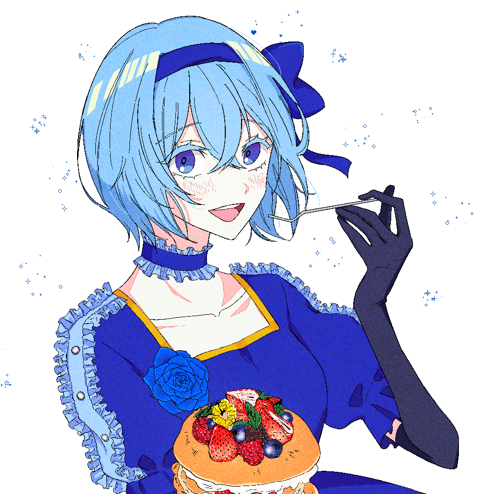 1girl black_gloves blue_bow blue_choker blue_dress blue_eyes blue_hair blue_hairband bow cake choker claire_elford collarbone colored_eyelashes dress elbow_gloves food fork frilled_choker frills gloves hair_bow hairband holding holding_cake holding_food holding_fork jaggy_lines light_blush looking_at_viewer nunso open_mouth puffy_short_sleeves puffy_sleeves short_hair short_sleeves simple_background smile solo sparkle teeth upper_teeth_only white_background witch's_heart