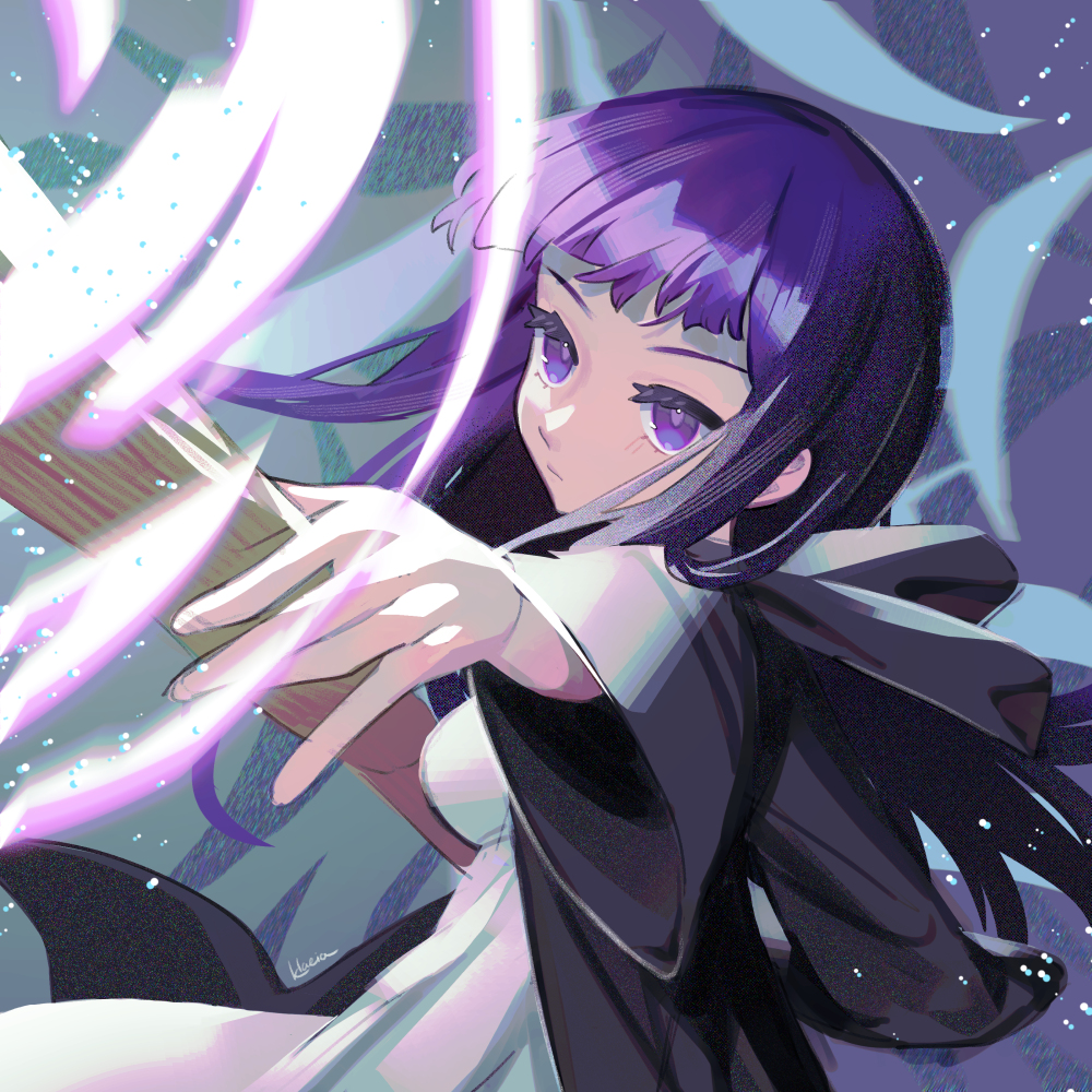 1girl :| \||/ breasts casting_spell closed_mouth dress english_commentary fern_(sousou_no_frieren) from_side grey_robe hand_up holding holding_staff hood hood_down klaeia light_particles long_hair long_sleeves mage_staff magic medium_breasts open_clothes open_robe purple_hair robe serious sidelocks solo sousou_no_frieren staff thick_eyelashes upper_body v-shaped_eyebrows violet_eyes white_dress wide_sleeves