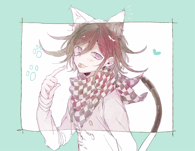 ._(deepblue27) 1boy animal_ear_fluff animal_ears aqua_background arm_belt belt black_scarf buttons cat_ears cat_tail chain checkered_clothes checkered_scarf commentary_request danganronpa_(series) danganronpa_v3:_killing_harmony double-breasted fingernails hair_between_eyes heart jacket kemonomimi_mode long_sleeves male_focus oma_kokichi paw_print pointing pointing_at_self purple_hair revealing_layer scarf short_hair sleeves_past_wrists solo tail tongue two-tone_background two-tone_scarf upper_body violet_eyes white_background white_belt white_jacket white_scarf white_sleeves