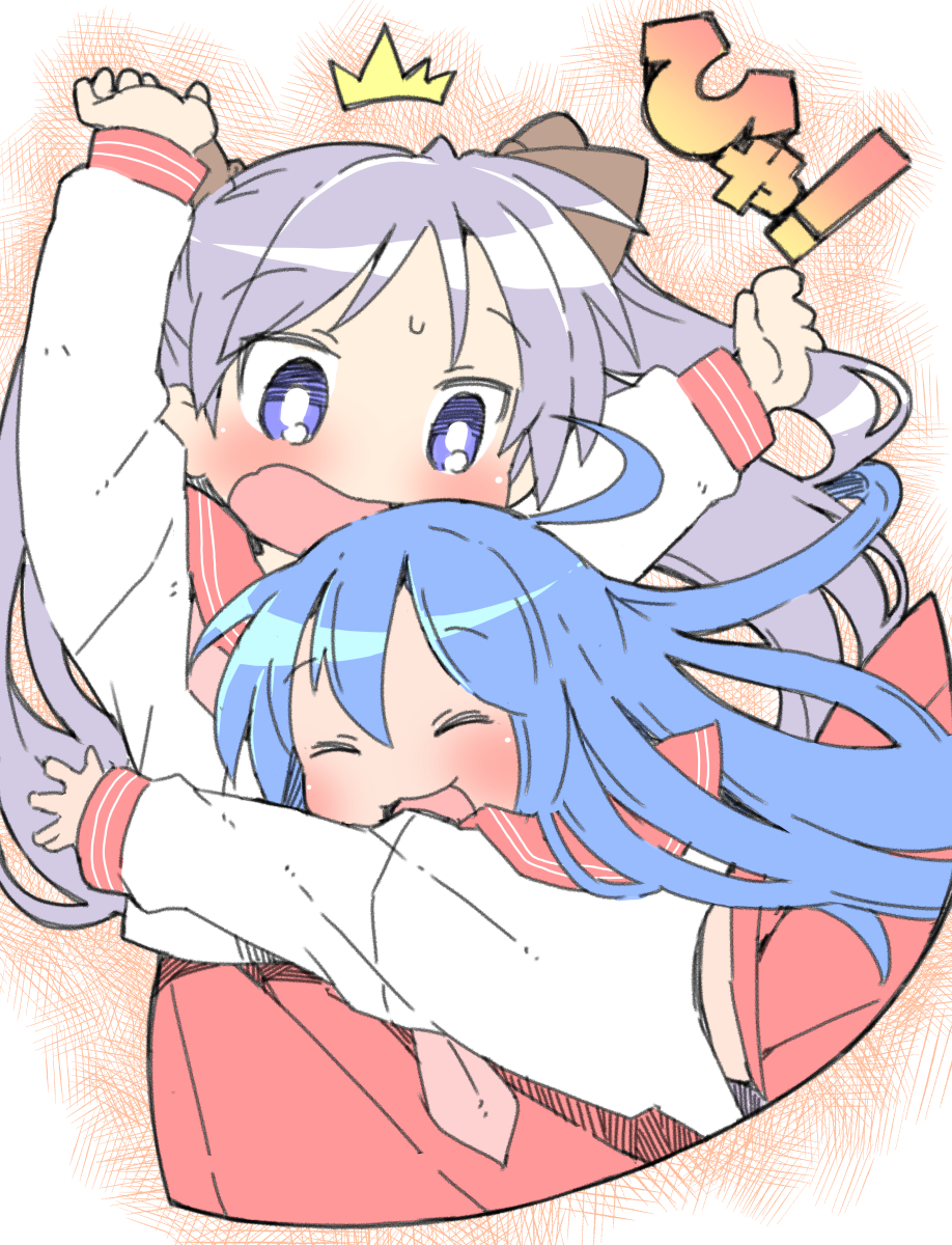 2girls ahoge arms_up black_ribbon blouse blue_eyes blue_hair blush closed_eyes crosshatching glomp hair_between_eyes hair_ribbon hatching_(texture) highres hiiragi_kagami hug izumi_konata long_hair lucky_star multiple_girls nomeoil open_mouth pleated_skirt purple_hair red_background red_sailor_collar red_skirt ribbon ryouou_school_uniform sailor_collar school_uniform serafuku shirt skirt surprise_hug surprised tackle tongue white_background white_shirt