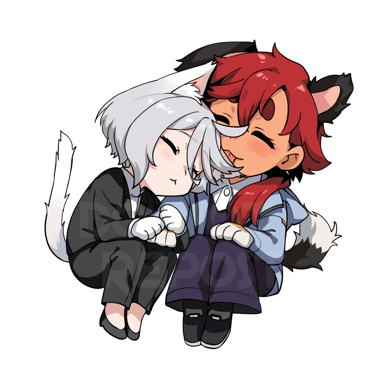 2girls animal_ears animal_hands black_footwear black_jacket black_pants blue_jacket cat_ears cat_girl cat_tail chibi closed_eyes closed_mouth collared_shirt commentary_request dog_ears dog_girl dog_tail full_body gundam gundam_suisei_no_majo head_on_another's_shoulder holding_hands jacket kemonomimi_mode licking long_sleeves miorine_rembran mitsu_(tendou_itsuki) multiple_girls pants redhead shirt short_hair simple_background sitting suletta_mercury tail thick_eyebrows tongue tongue_out white_background white_hair white_shirt yuri