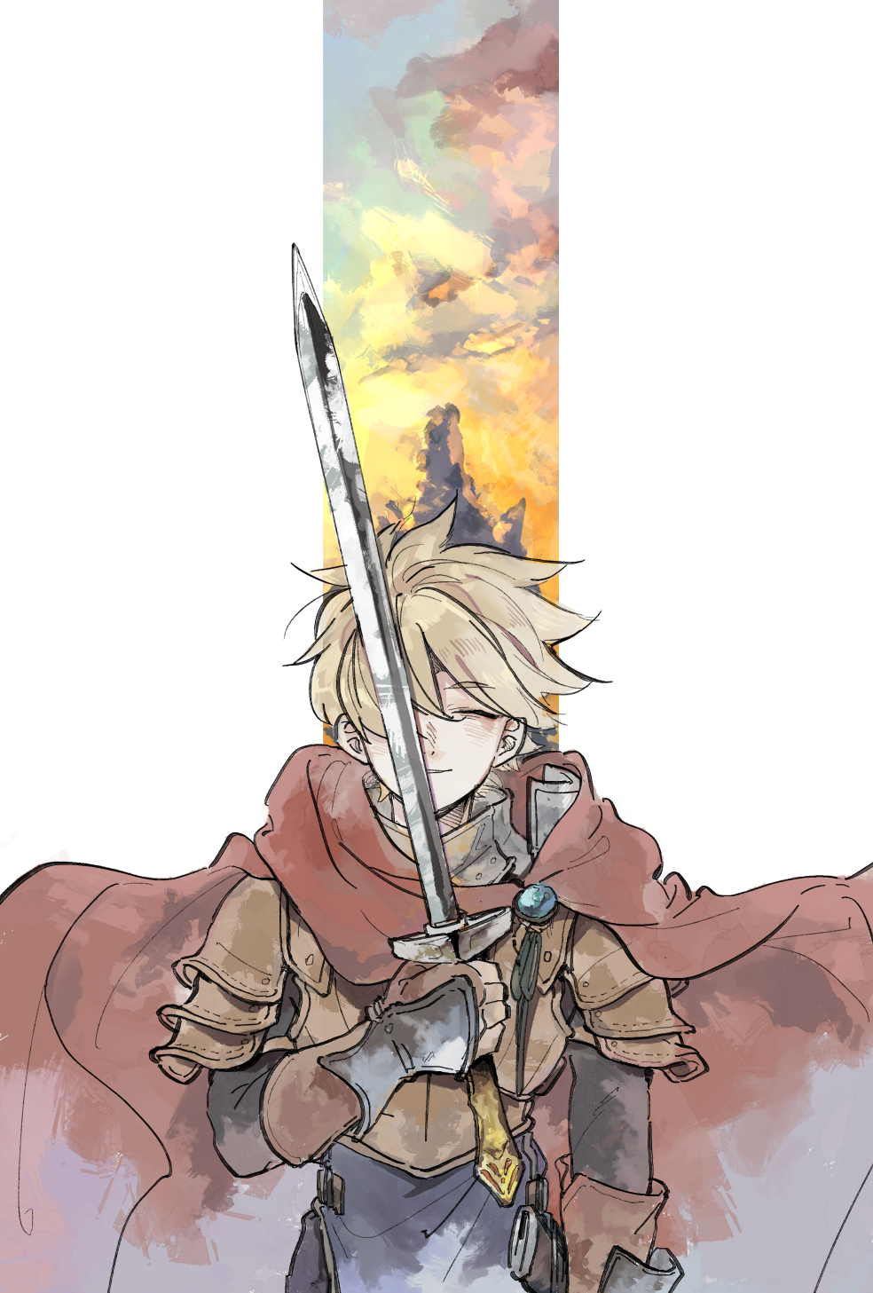 1boy ^_^ arm_at_side armor blonde_hair breastplate brown_gloves cape closed_eyes clouds cowboy_shot elbow_gloves facing_viewer fingerless_gloves floating_cape gloves gorget hair_between_eyes hand_guard highres holding holding_sword holding_weapon live_a_live male_focus oersted omomomizu one_eye_covered parted_lips pauldrons red_cape short_hair shoulder_armor smile solo standing sword sword_in_front_of_face weapon white_background