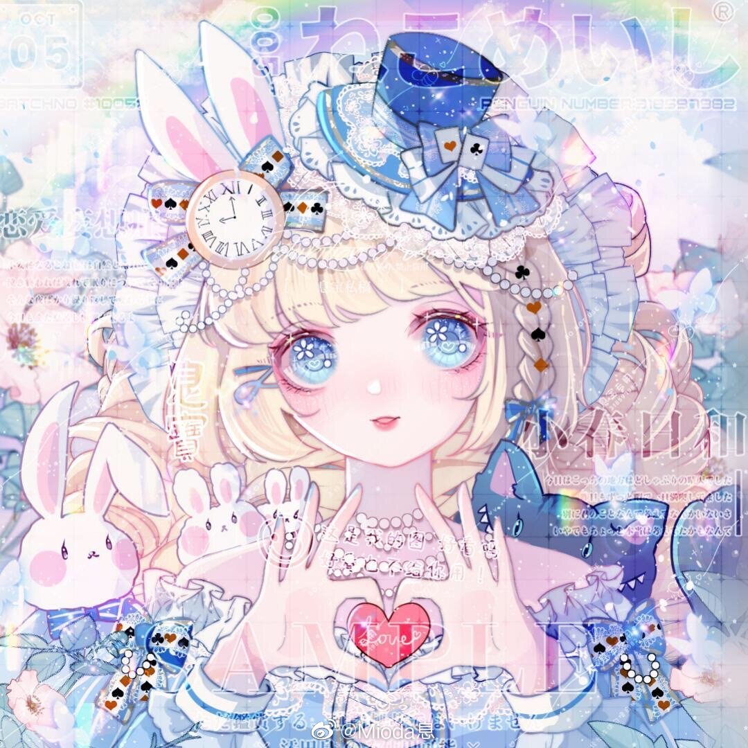 1girl animal_ears bare_shoulders bcy_username bead_necklace beads blonde_hair blue_bow blue_butterfly blue_dress blue_eyes blue_hat blue_sleeves blunt_bangs blush bow braid bug butterfly card chinese_commentary clock_hair_ornament clouds club_hair_ornament commentary_request cross-laced_clothes cross-laced_dress dated diamond_hair_ornament dress drill_hair eyelashes eyeshadow floral_background flower flower_in_eye frilled_dress frilled_hat frills hair_beads hair_bow hair_ornament hairclip hat hat_bow hat_ornament heart heart_hair_ornament heart_hands heart_in_eye heart_print holding holding_heart jewelry lace-trimmed_headwear lace_trim lipstick long_hair long_sleeves looking_at_viewer makeup mini_hat mini_top_hat mioda_xi multiple_hair_bows necklace off-shoulder_dress off_shoulder original parted_lips pink_eyeshadow pink_flower pink_lips playing_card puffy_long_sleeves puffy_sleeves rabbit_ears rainbow sample_watermark single_braid sleeve_bow smile solo spade_hair_ornament sparkle striped_bow stuffed_animal stuffed_cat stuffed_rabbit stuffed_toy symbol_in_eye top_hat upper_body watermark weibo_logo weibo_username white_bow white_headdress x_hair_ornament