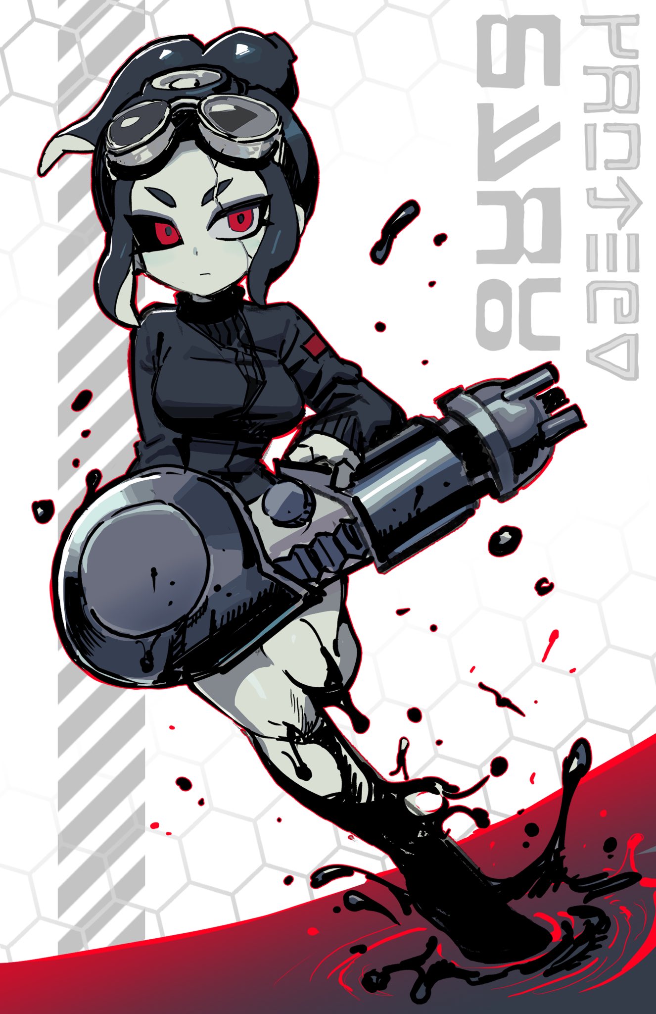 1girl black_hair black_sclera breasts closed_mouth colored_sclera colored_skin commentary_request cracked_skin full_body goggles goggles_on_head grey_skin gun highres holding holding_gun holding_weapon korean_commentary medium_hair nautilus_(splatoon) octoling octoling_girl octoling_player_character red_eyes solo splatkae splatoon_(series) splatoon_3 tentacle_hair weapon white_background