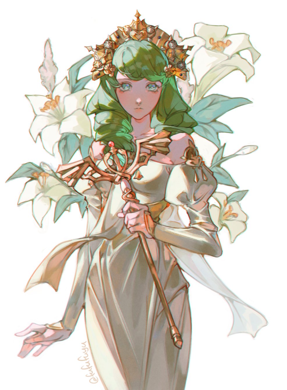 1girl bare_shoulders breasts closed_mouth cowboy_shot crown dress drill_hair fire_emblem fire_emblem:_three_houses flayn_(fire_emblem) flower green_eyes green_hair highres holding holding_wand juliet_sleeves light_blush lily_(flower) long_hair long_sleeves looking_at_viewer medium_breasts negi_(fufufuyu) off-shoulder_dress off_shoulder puffy_sleeves solo twitter_username wand white_background white_dress white_flower