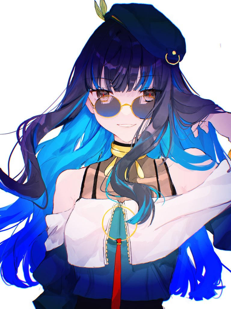1girl adjusting_hair ao398739 bare_shoulders beret black_hair blue_hair colored_inner_hair fate/grand_order fate_(series) glasses grey_eyes hat jacket jewelry long_hair looking_at_viewer multicolored_hair neck_ring round_eyewear smile solo tenochtitlan_(fate) tenochtitlan_(second_ascension)_(fate) two-tone_hair white_background