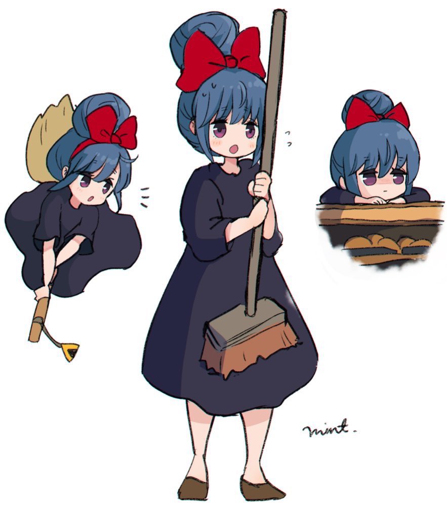 1girl blue_hair bow broom broom_riding brown_footwear closed_mouth cosplay flying_sweatdrops hair_bow hair_bun holding holding_broom kiki_(majo_no_takkyuubin) kiki_(majo_no_takkyuubin)_(cosplay) majo_no_takkyuubin mint_(mintlemonade3) open_mouth red_bow shima_rin short_hair simple_background solo violet_eyes white_background yurucamp