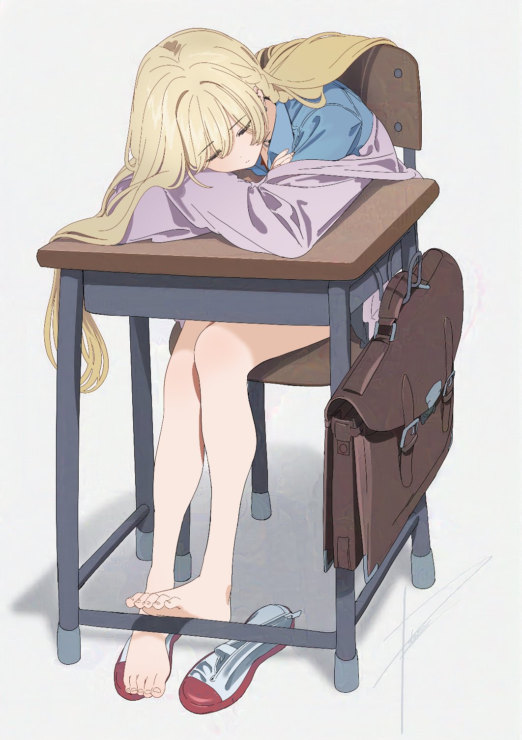 1girl arm_pillow bag bare_legs barefoot black_choker blonde_hair blue_shirt braid brown_bag choker closed_eyes closed_mouth collared_shirt commentary_request desk dot_nose earrings feet full_body head_down heart_o-ring highres jacket jewelry legs long_hair o-ring o-ring_choker off_shoulder on_chair open_collar original pink_jacket poligon_(046) red_footwear school_bag school_desk shadow shirt shoes signature simple_background single_braid single_earring sitting sleeping sleeping_on_desk sleeves_past_fingers sleeves_past_wrists solo toenails toes two-tone_footwear uwabaki white_background white_footwear